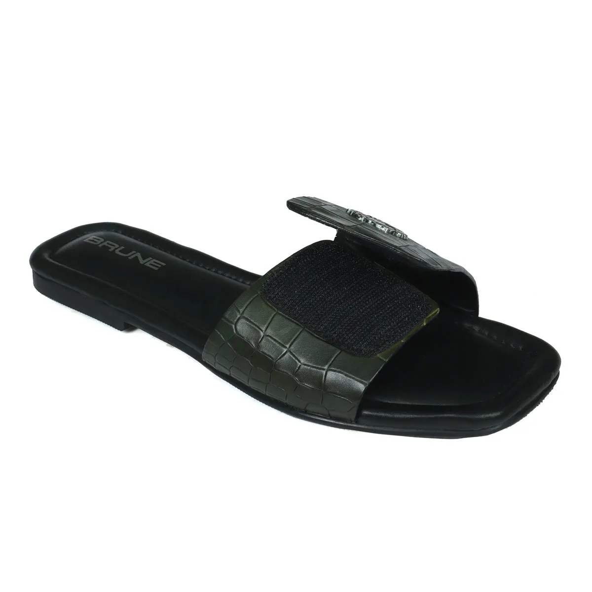 Velcro Adjustable Strap Slide In Slipper Croco Deep Cut Textured Dark Green Leather