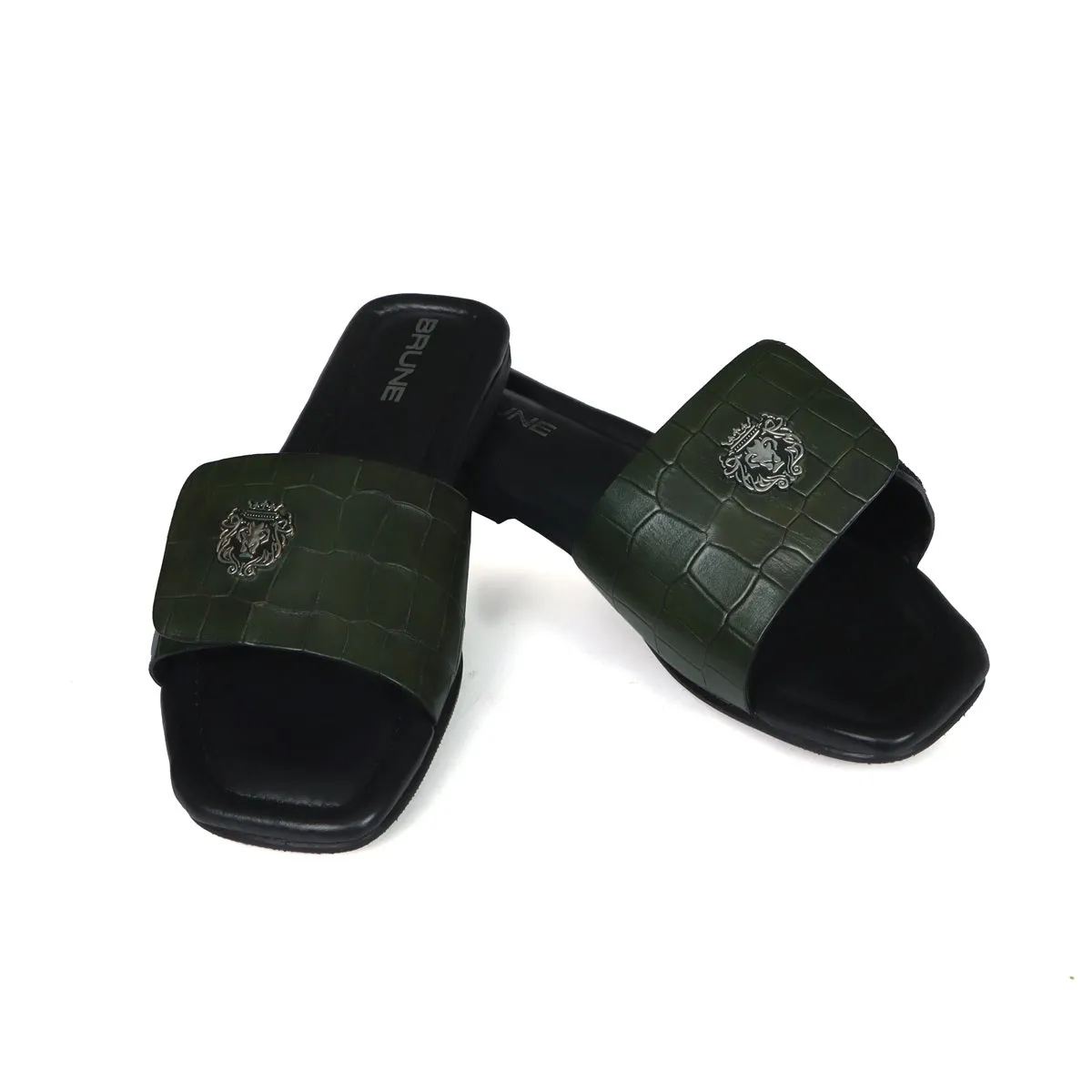 Velcro Adjustable Strap Slide In Slipper Croco Deep Cut Textured Dark Green Leather