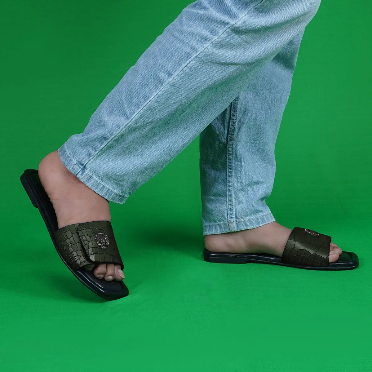 Velcro Adjustable Strap Slide In Slipper Croco Deep Cut Textured Dark Green Leather