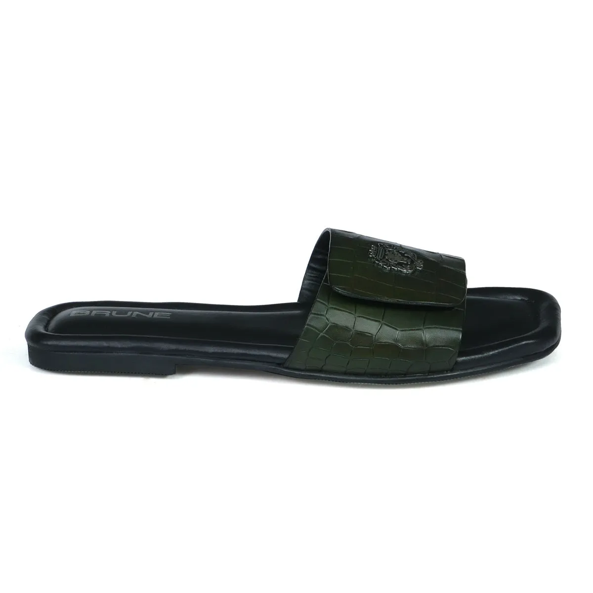 Velcro Adjustable Strap Slide In Slipper Croco Deep Cut Textured Dark Green Leather
