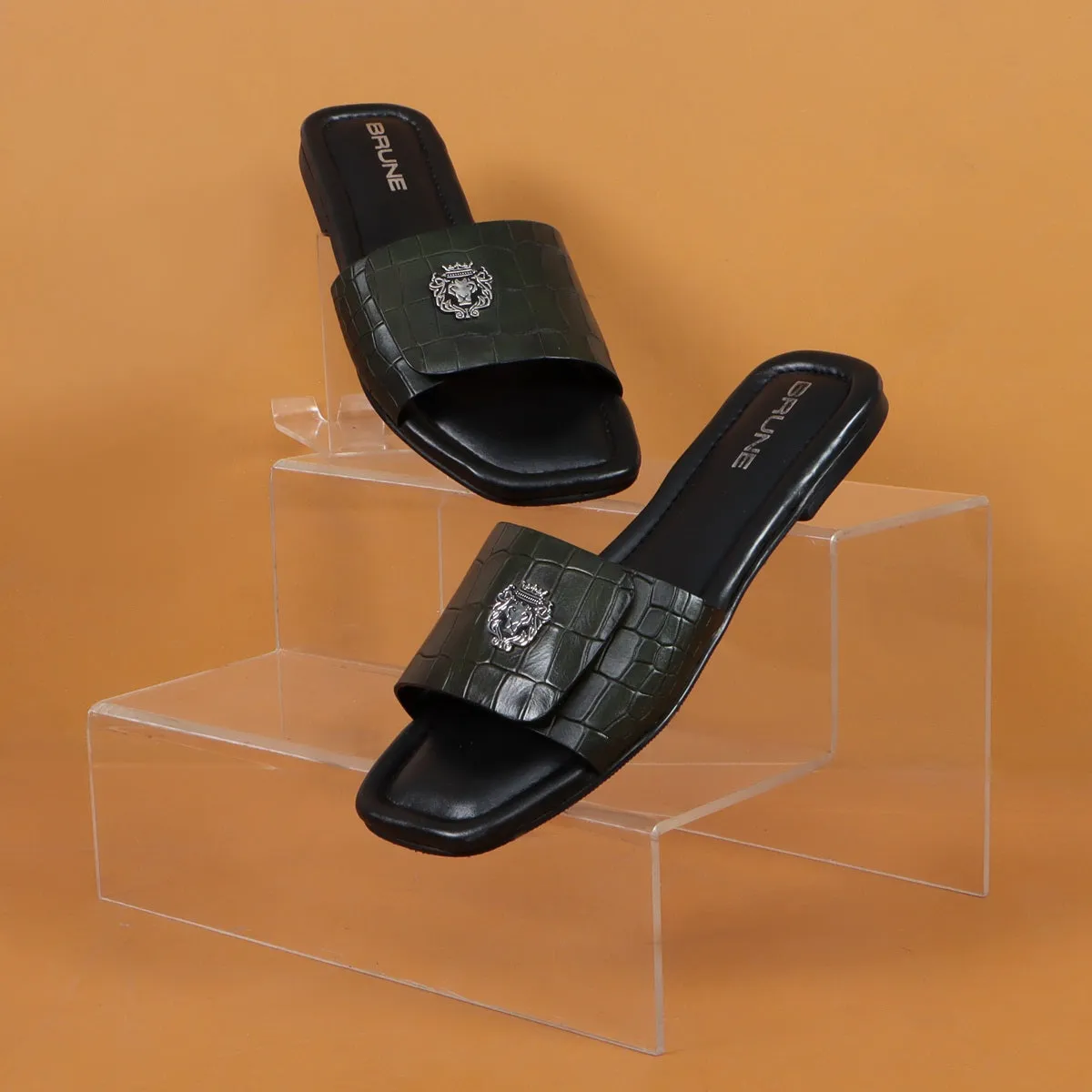 Velcro Adjustable Strap Slide In Slipper Croco Deep Cut Textured Dark Green Leather