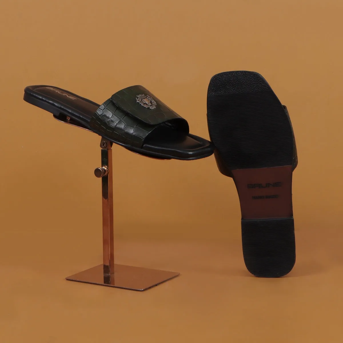 Velcro Adjustable Strap Slide In Slipper Croco Deep Cut Textured Dark Green Leather