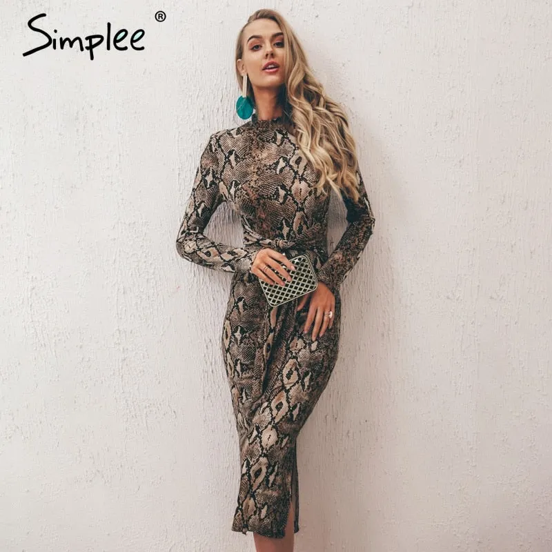 WILUXE Sexy leopard print women long dresss  Autumn long sleeve sashes bodycon stretch dresses Elegant party female vesitidos