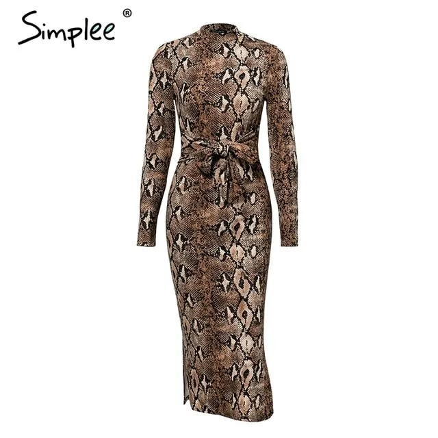 WILUXE Sexy leopard print women long dresss  Autumn long sleeve sashes bodycon stretch dresses Elegant party female vesitidos