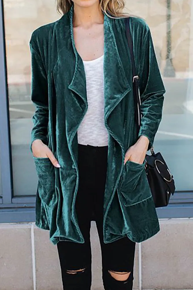 Winter Outfits Plain Lapel Collar Open Velvet Cardigans
