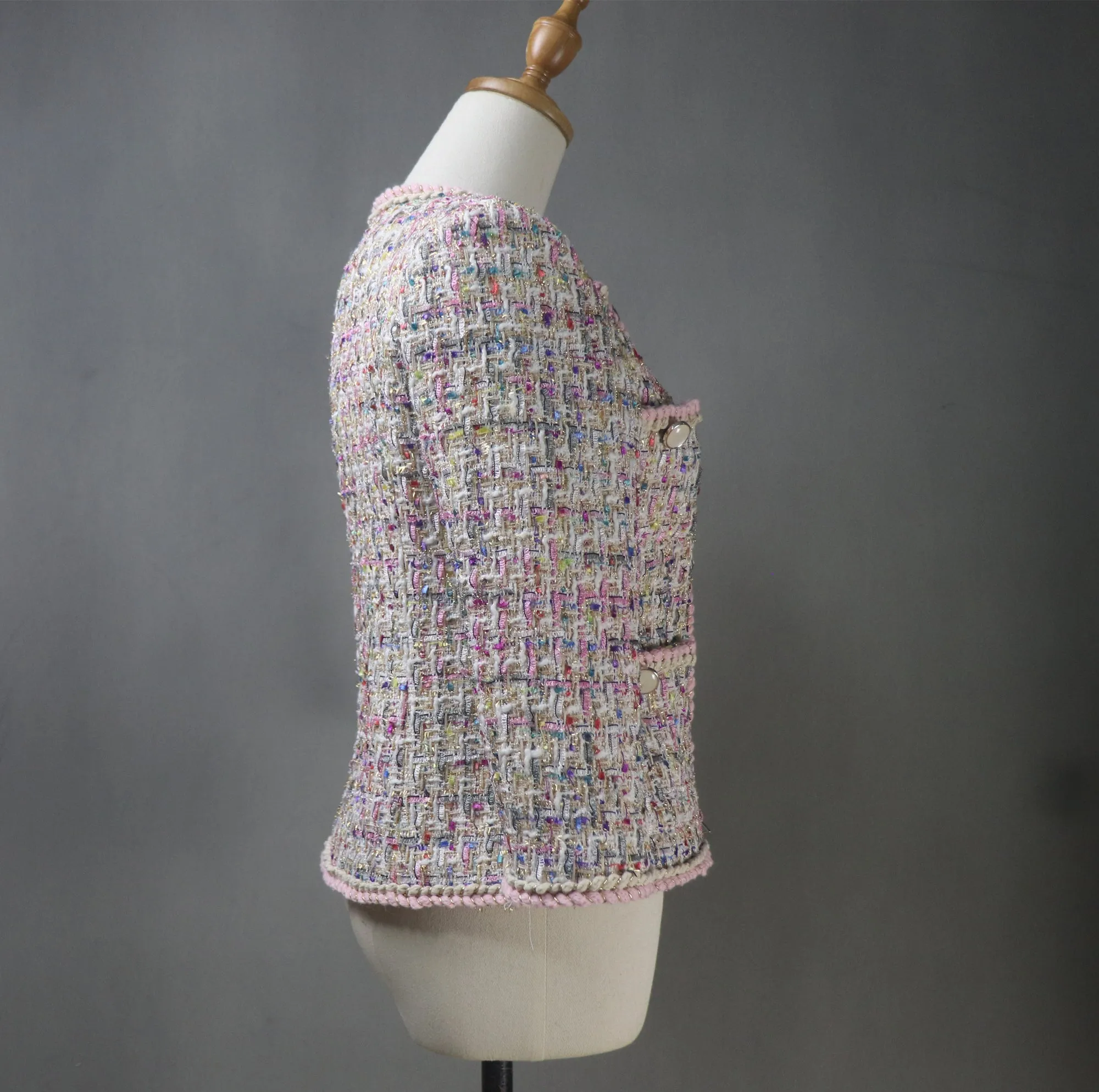 Women Pink Tweed Jacket with Rainbow Colour