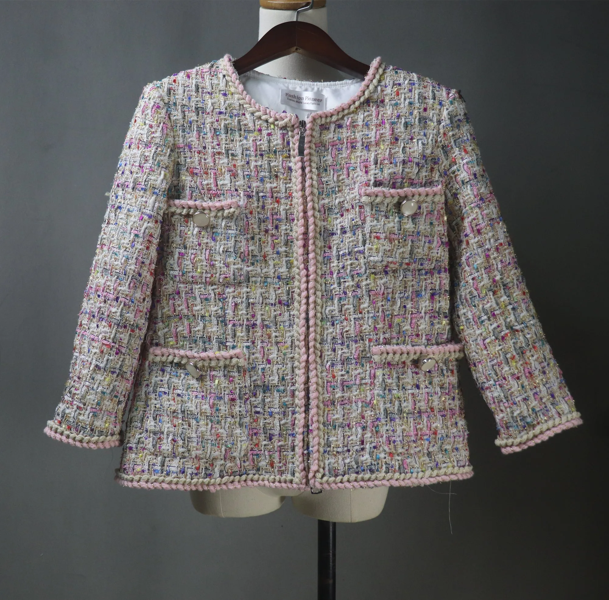Women Pink Tweed Jacket with Rainbow Colour