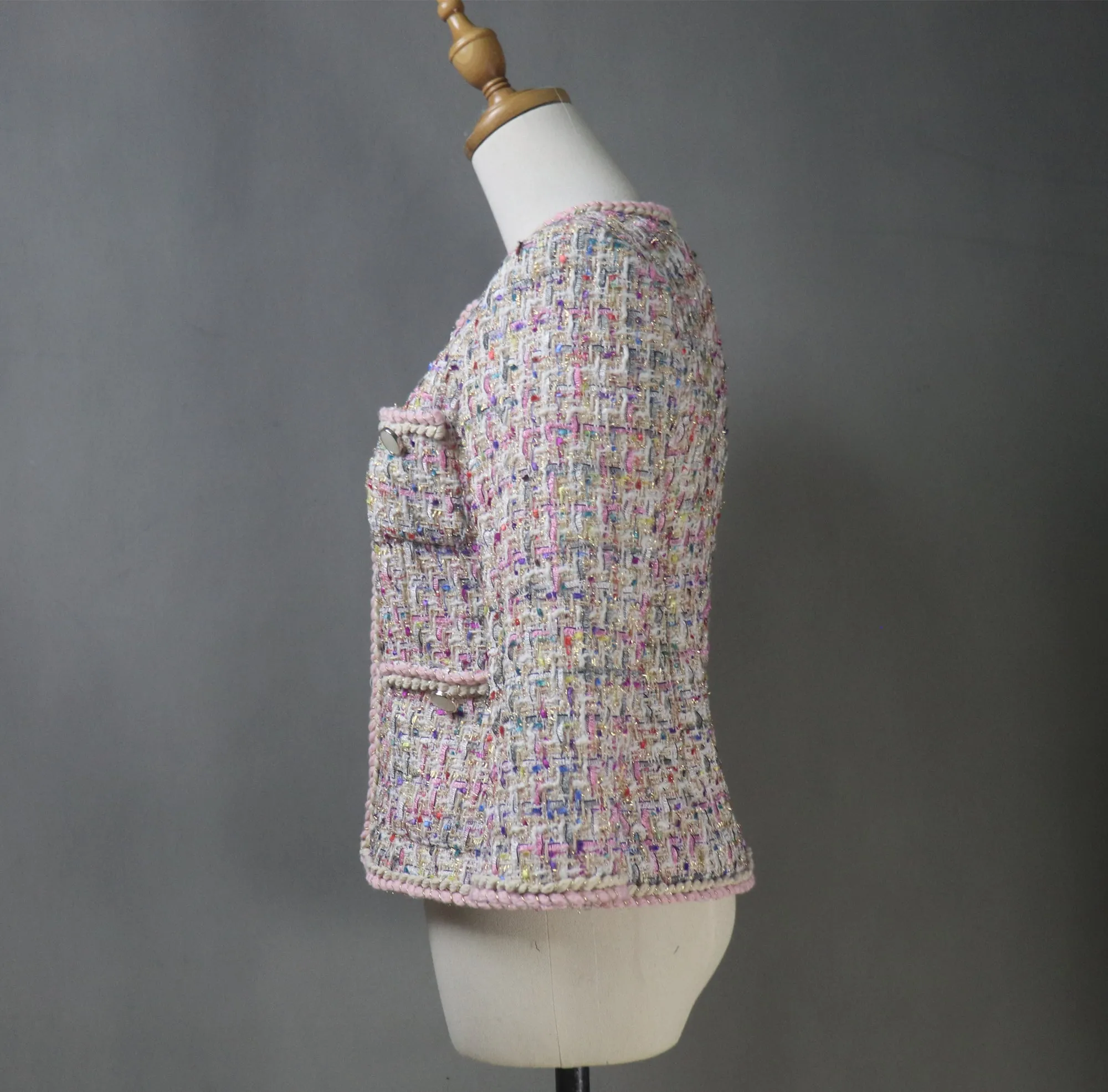 Women Pink Tweed Jacket with Rainbow Colour