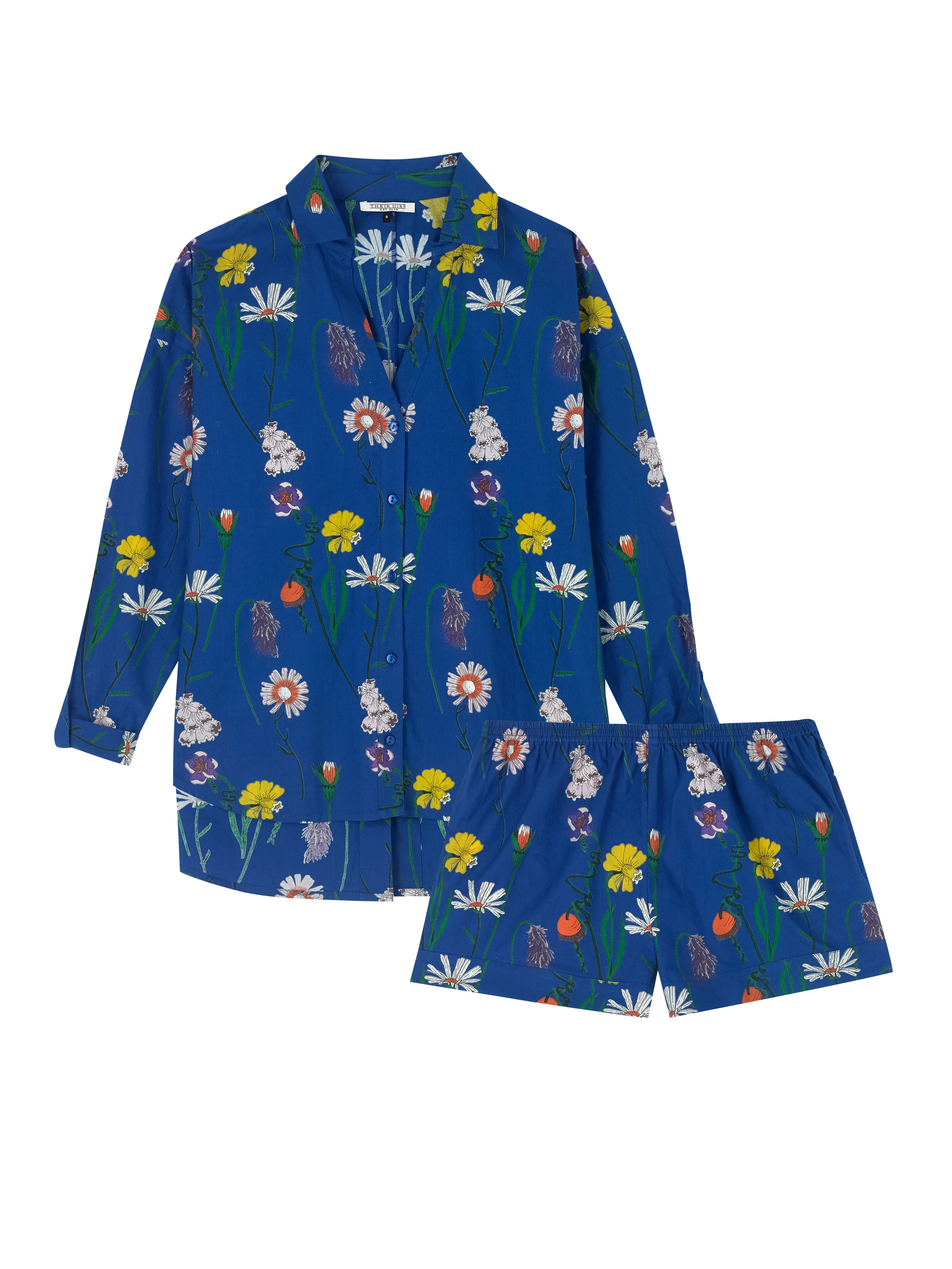 Womens Cotton Boyfriend Shortie Pyjamas Navy Field Flower