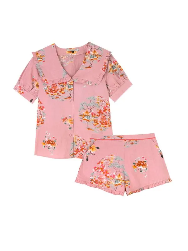Womens Cotton Puff Sleeve Frill Shortie Pyjamas Pink Peace Garden