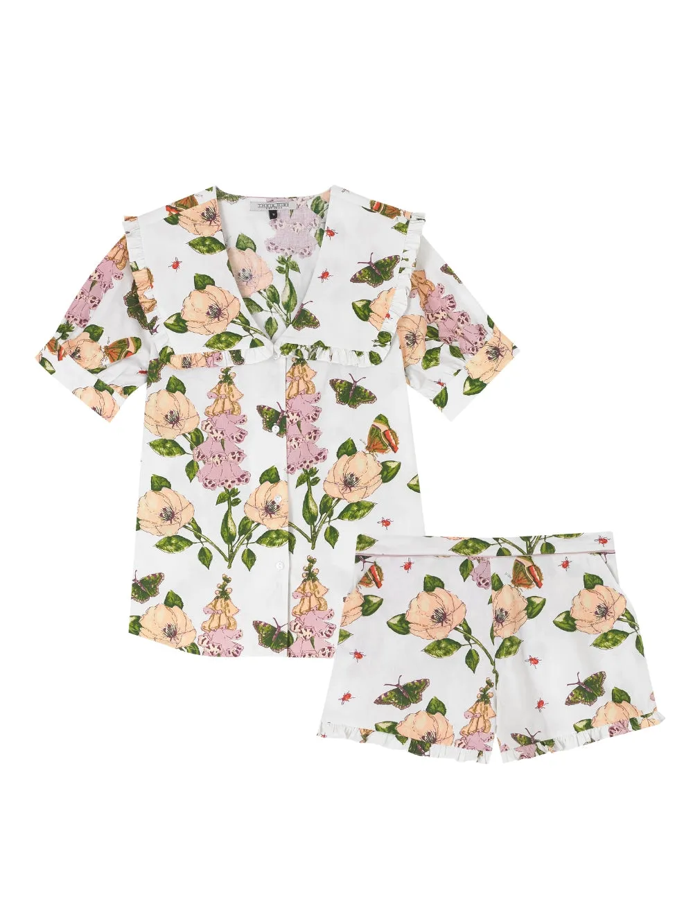 Womens Cotton Puff Sleeve Frill Shortie Pyjamas White Dogwood Rose
