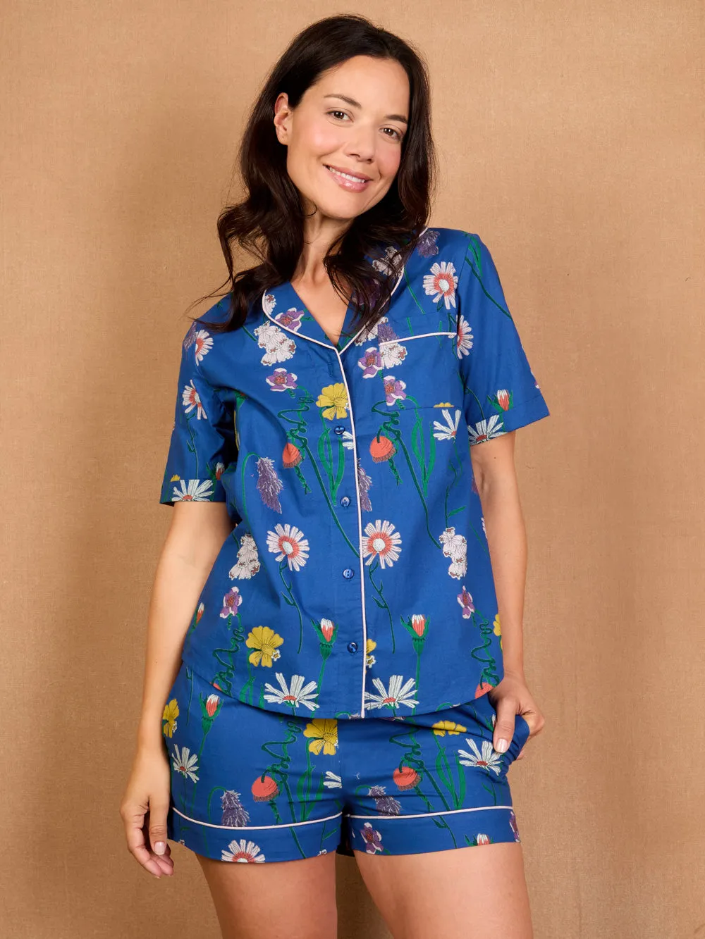 Womens Cotton Shortie Navy Field Flower