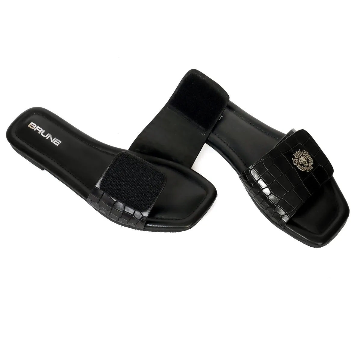 Women's Freeway Velcro Adjustable Strap Croco Deep Cut Textured Black Leather Slide In Slipper