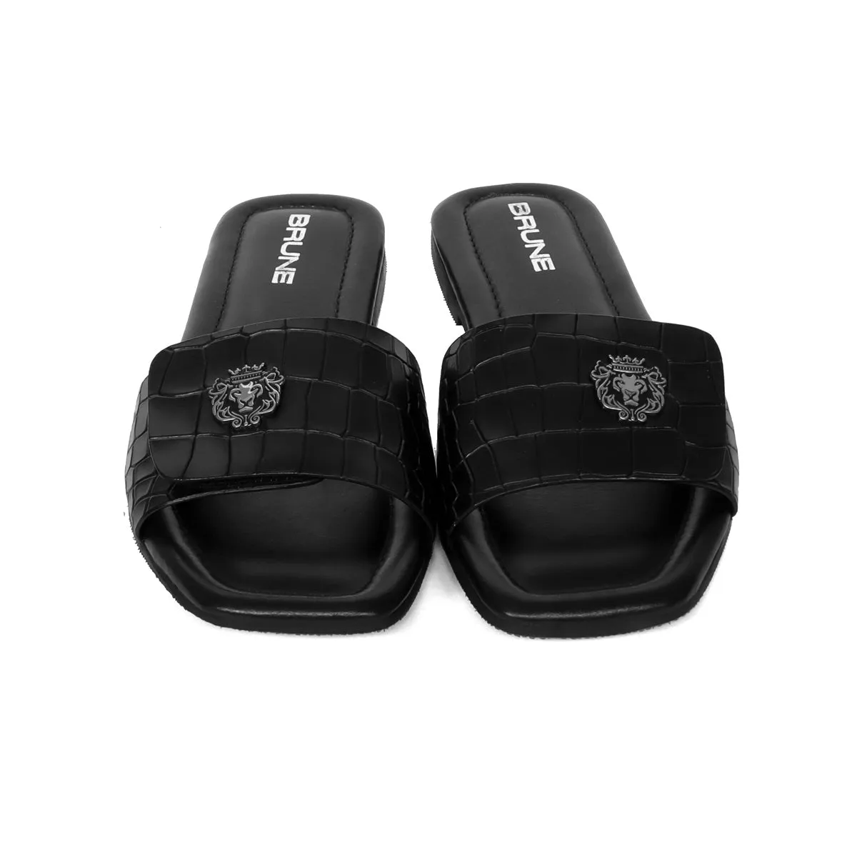 Women's Freeway Velcro Adjustable Strap Croco Deep Cut Textured Black Leather Slide In Slipper