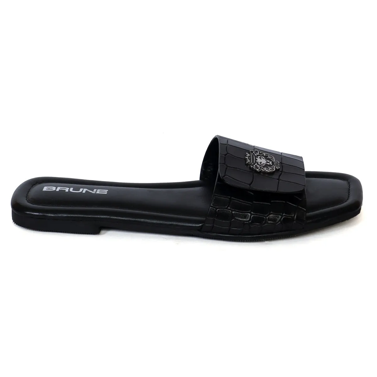 Women's Freeway Velcro Adjustable Strap Croco Deep Cut Textured Black Leather Slide In Slipper