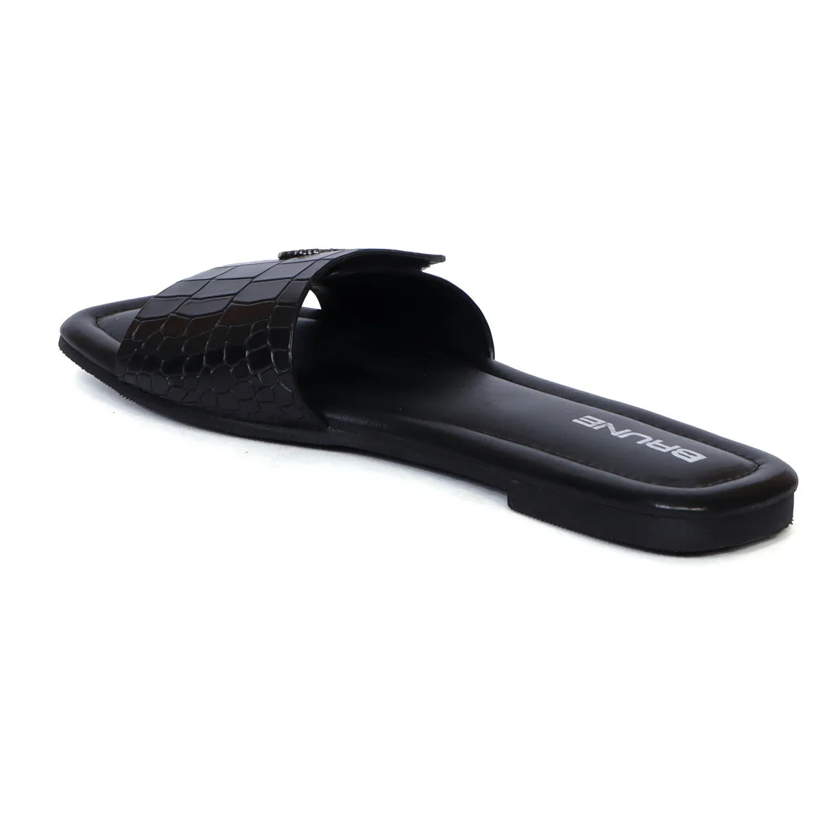 Women's Freeway Velcro Adjustable Strap Croco Deep Cut Textured Black Leather Slide In Slipper