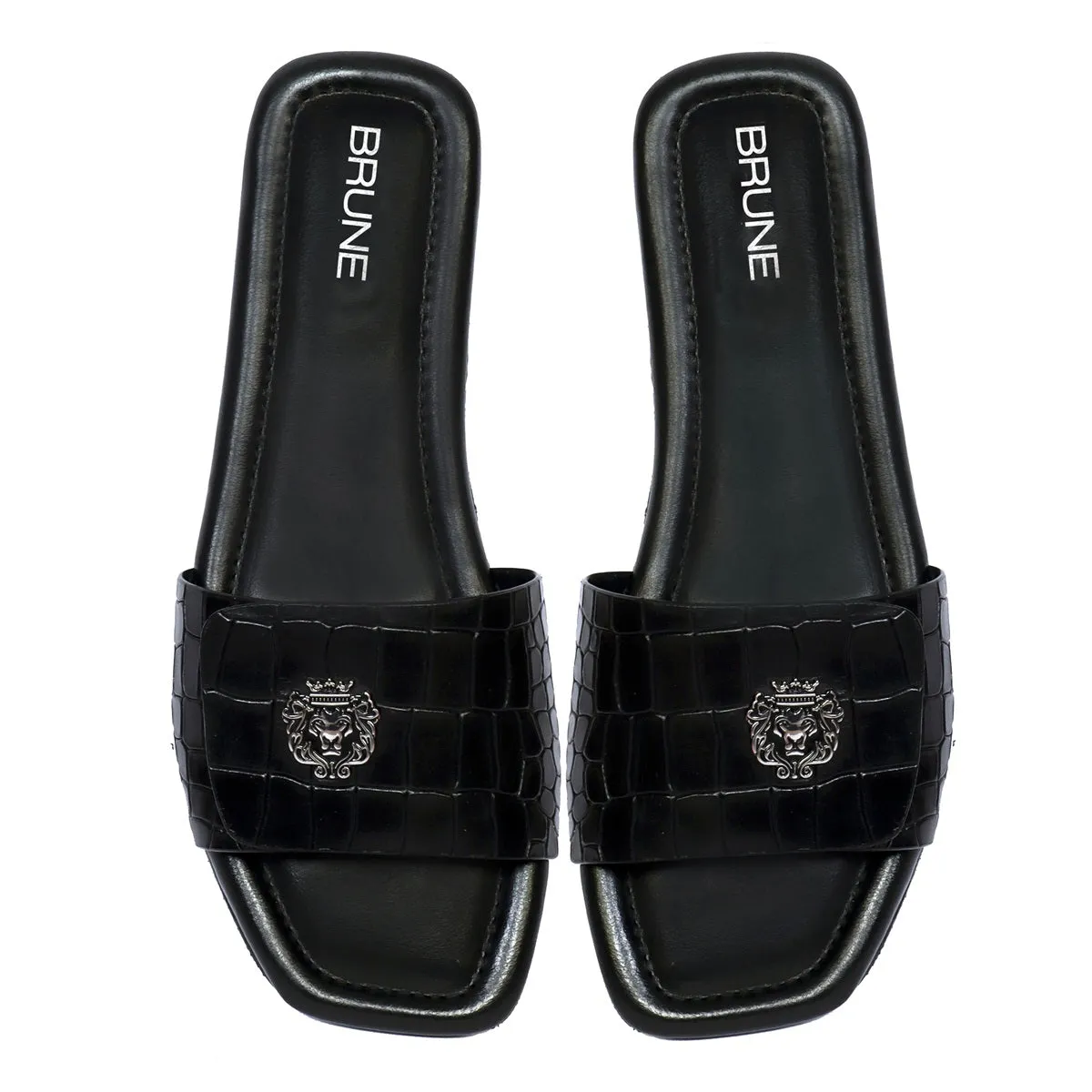 Women's Freeway Velcro Adjustable Strap Croco Deep Cut Textured Black Leather Slide In Slipper