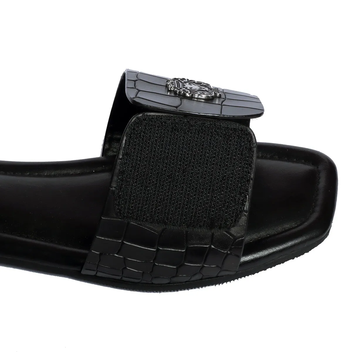 Women's Freeway Velcro Adjustable Strap Croco Deep Cut Textured Black Leather Slide In Slipper