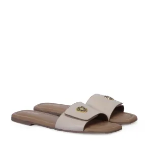 Women'S Freeway Velcro Adjustable Strap With Metal Lion Beige Leather Slide In Slipper By Brune & Bareskin