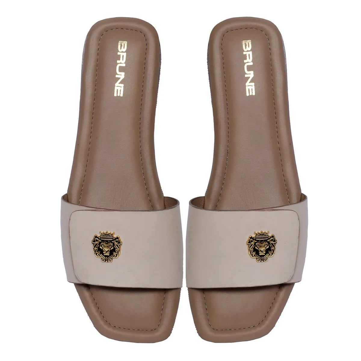 Women'S Freeway Velcro Adjustable Strap With Metal Lion Beige Leather Slide In Slipper By Brune & Bareskin