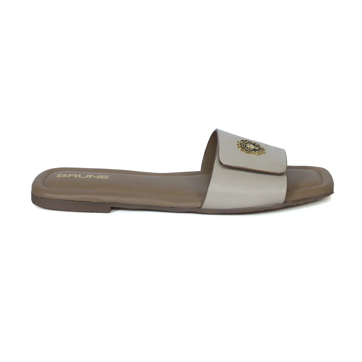 Women'S Freeway Velcro Adjustable Strap With Metal Lion Beige Leather Slide In Slipper By Brune & Bareskin