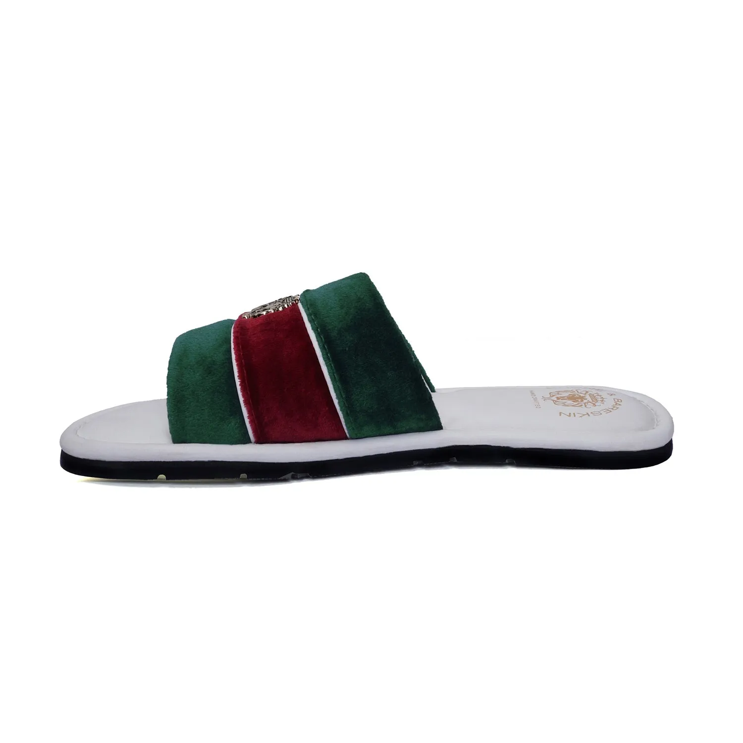 Women's Green & Red Velvet Strap White Leather Slide-in Slippers by BRUNE & BARESKIN