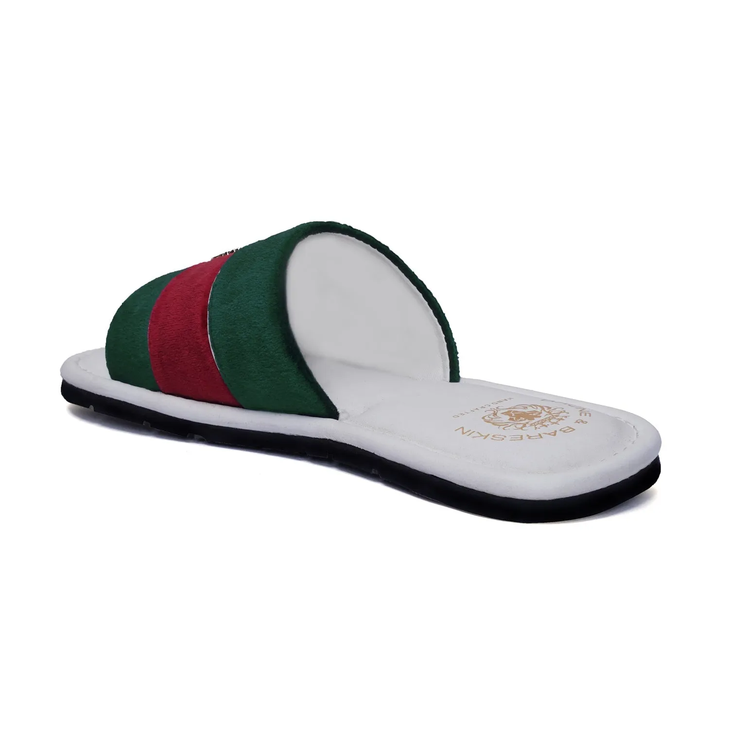 Women's Green & Red Velvet Strap White Leather Slide-in Slippers by BRUNE & BARESKIN