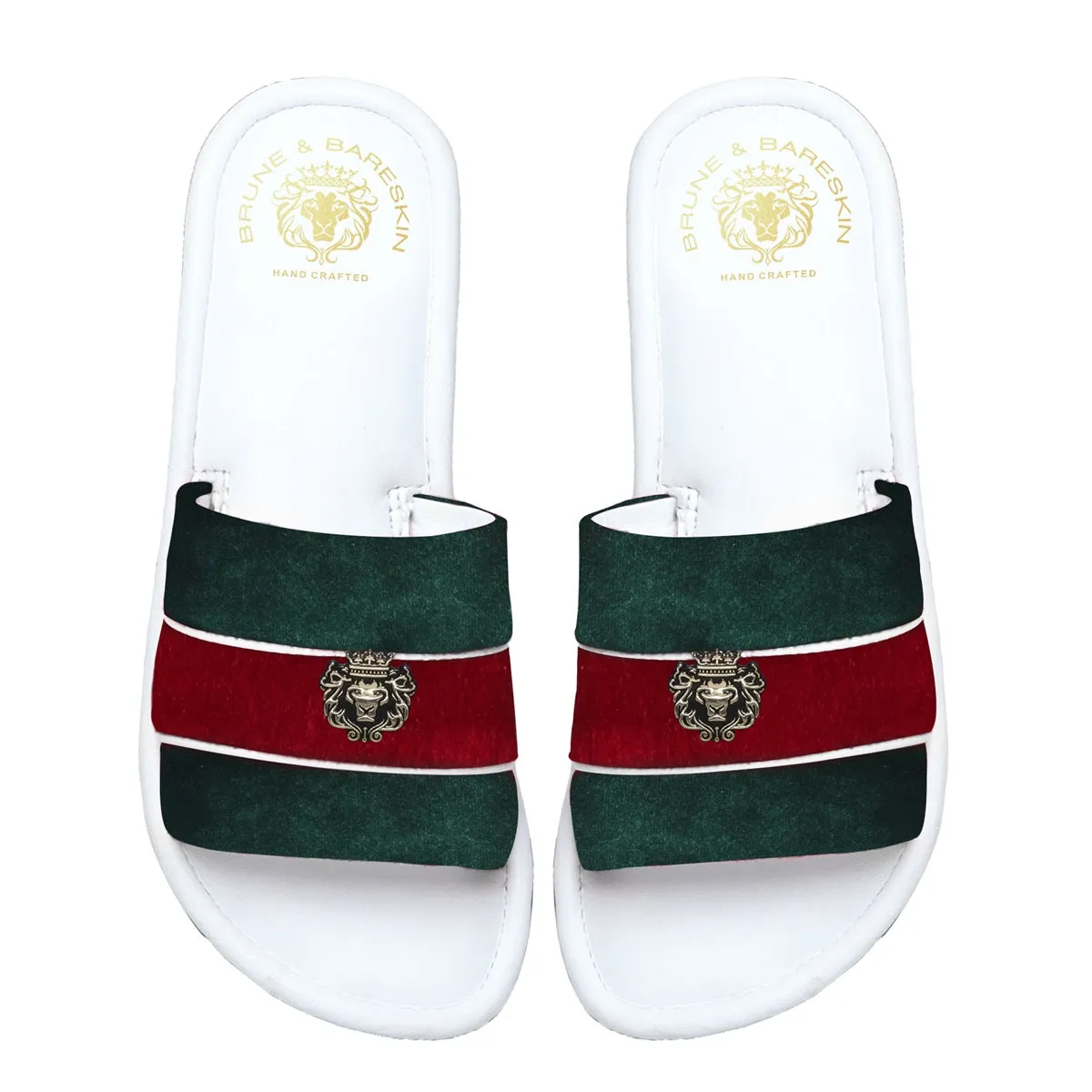 Women's Green & Red Velvet Strap White Leather Slide-in Slippers by BRUNE & BARESKIN