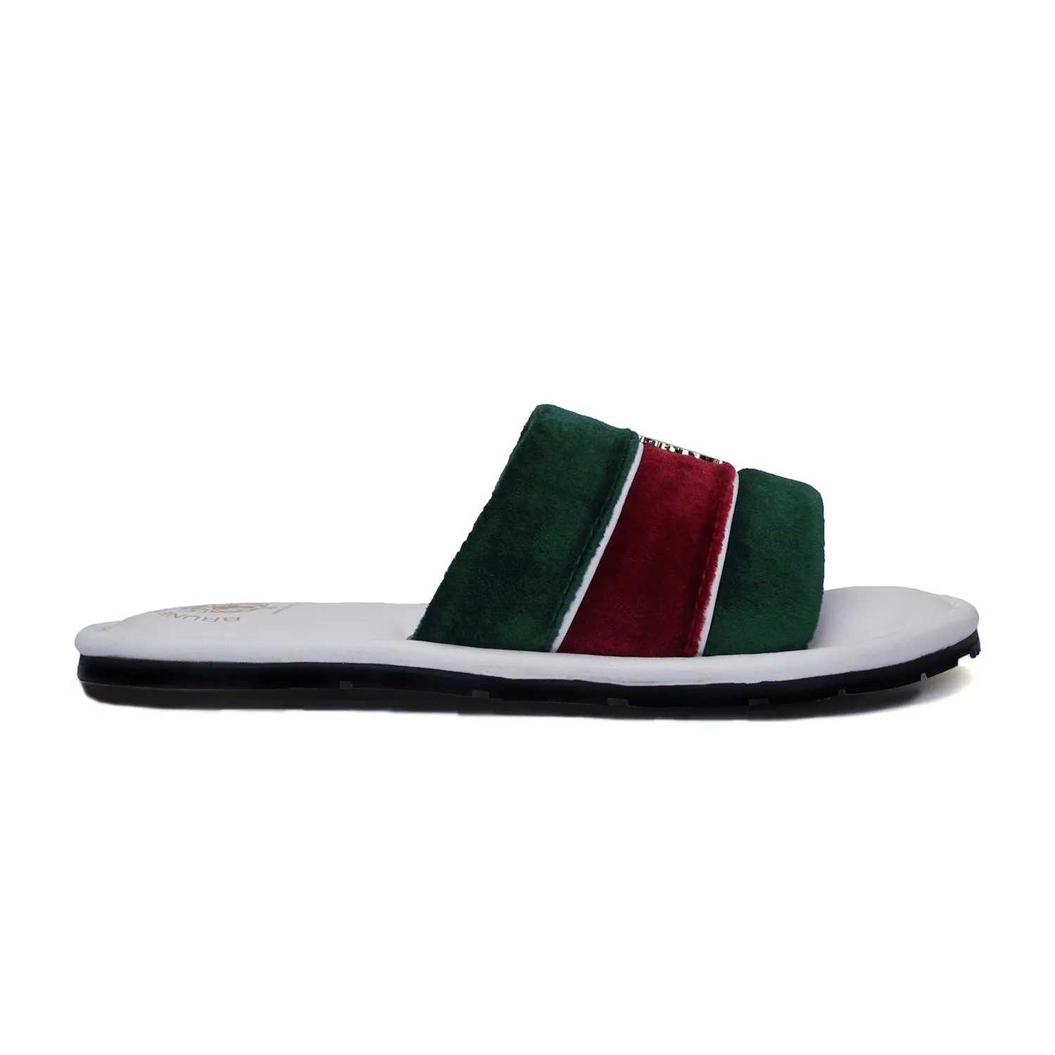 Women's Green & Red Velvet Strap White Leather Slide-in Slippers by BRUNE & BARESKIN