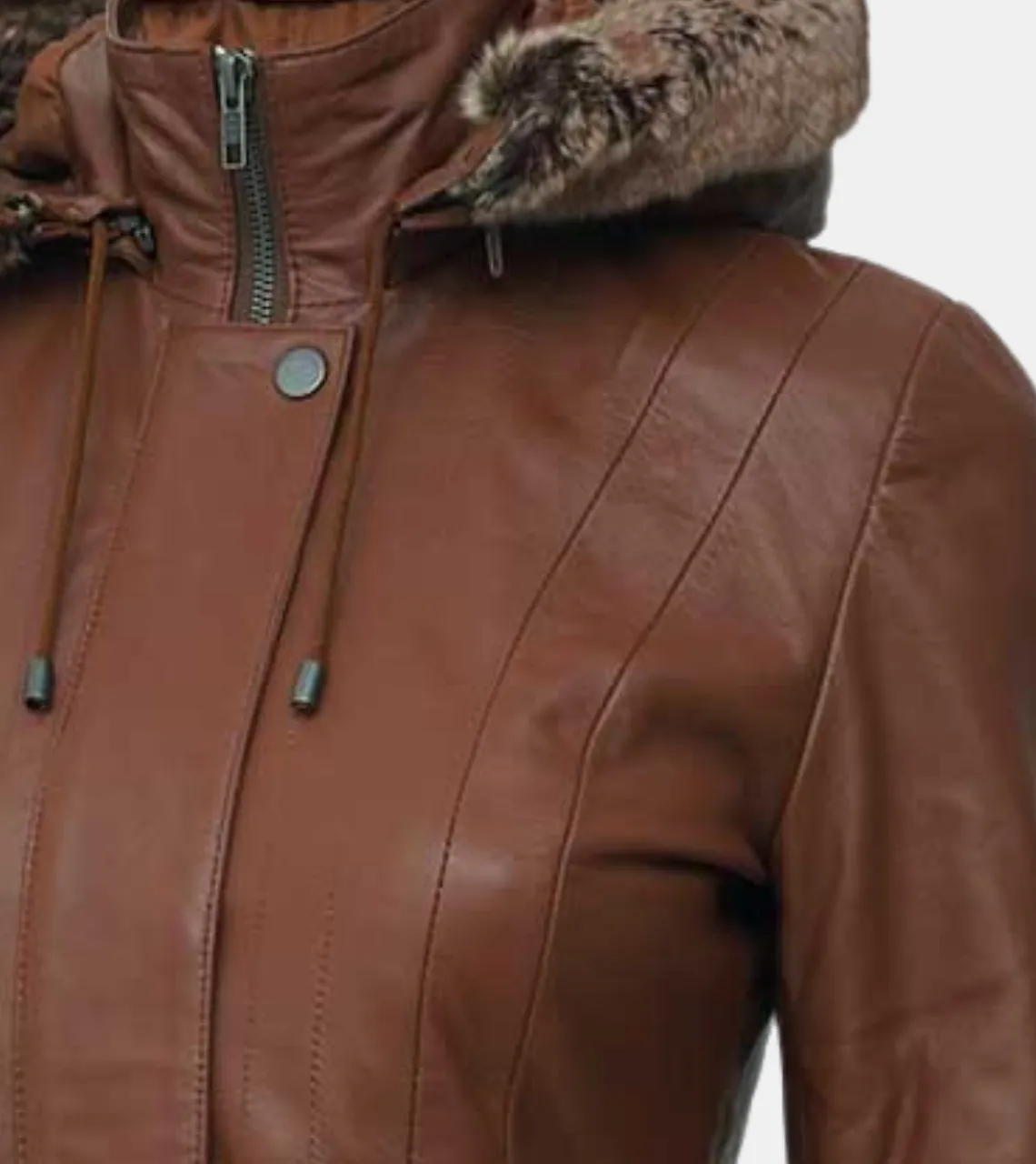 Women's Hooded Tan Brown Leather Coat