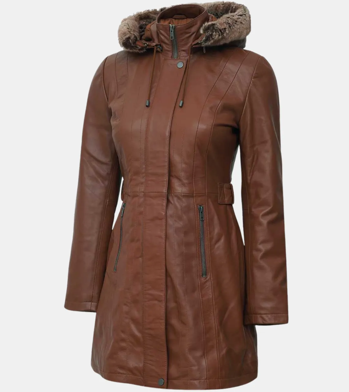 Women's Hooded Tan Brown Leather Coat
