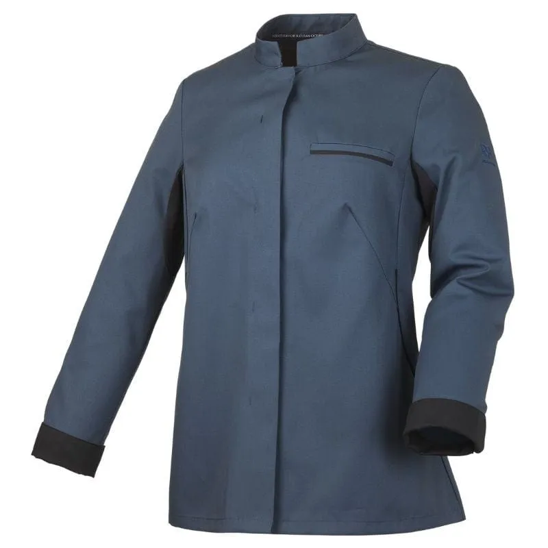 Women's Ocean Blue Long Sleeve Kitchen Coat with Black Piping - ROBUR