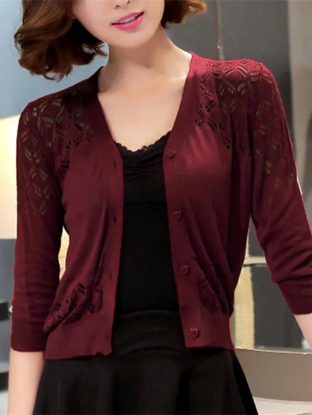 Women's Shrug Knitted Button Pure Color Stylish Elegant Casual 3/4 Length Sleeve Sweater Cardigans V Neck Spring Summer Blue White Black
