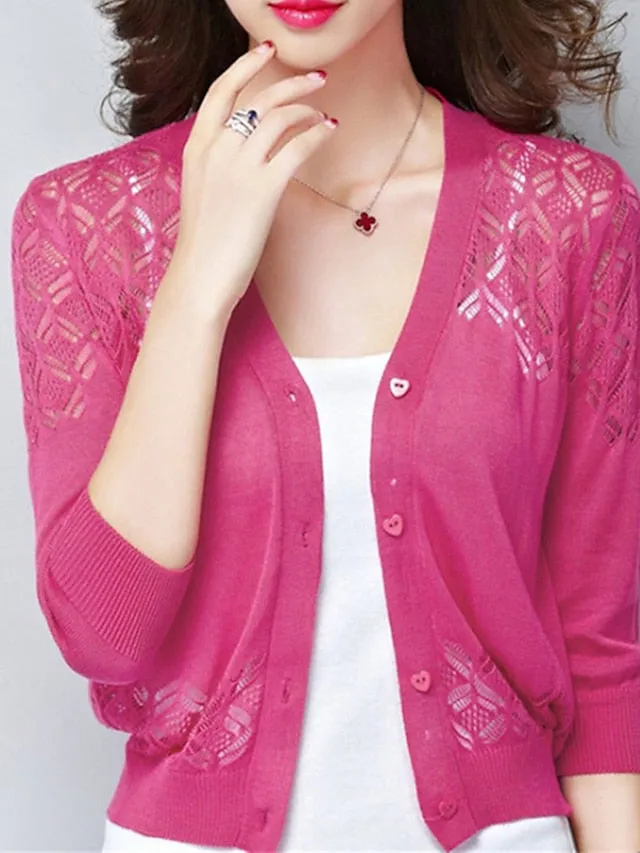 Women's Shrug Knitted Button Pure Color Stylish Elegant Casual 3/4 Length Sleeve Sweater Cardigans V Neck Spring Summer Blue White Black