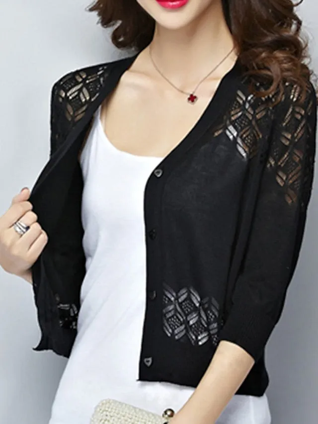 Women's Shrug Knitted Button Pure Color Stylish Elegant Casual 3/4 Length Sleeve Sweater Cardigans V Neck Spring Summer Blue White Black