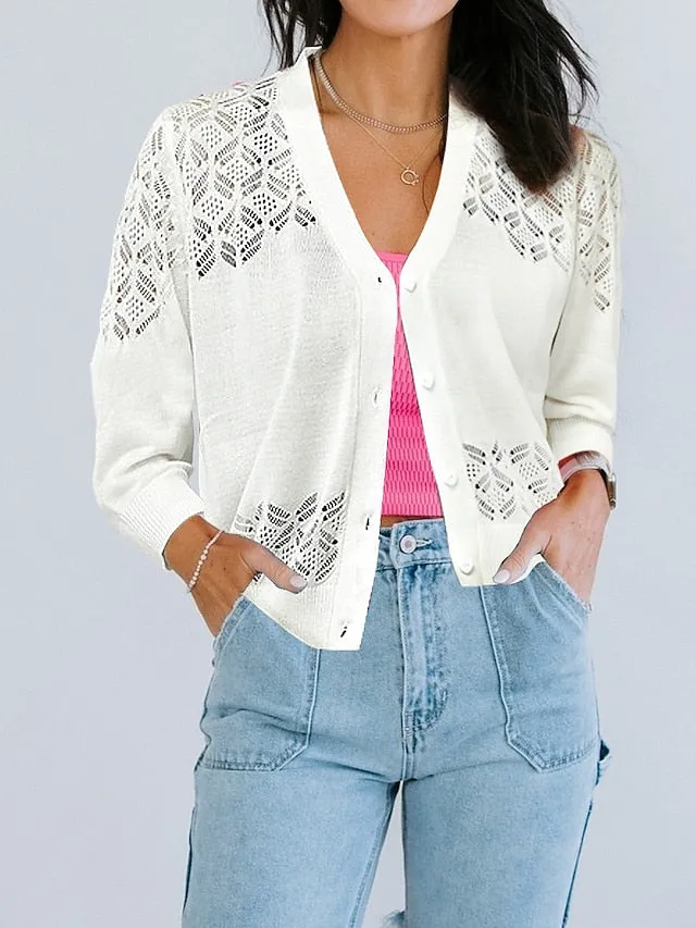 Women's Shrug Knitted Button Pure Color Stylish Elegant Casual 3/4 Length Sleeve Sweater Cardigans V Neck Spring Summer Blue White Black