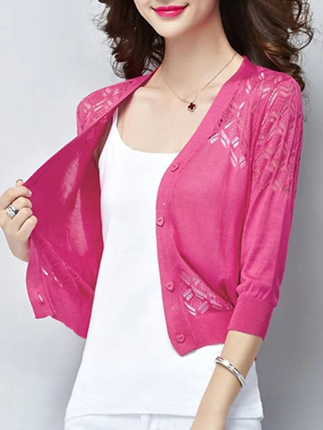 Women's Shrug Knitted Button Pure Color Stylish Elegant Casual 3/4 Length Sleeve Sweater Cardigans V Neck Spring Summer Blue White Black