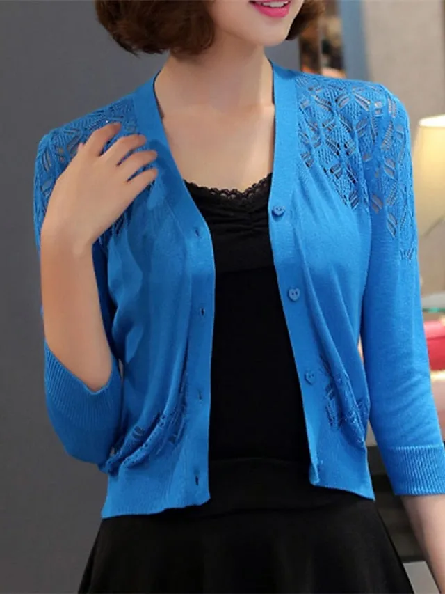 Women's Shrug Knitted Button Pure Color Stylish Elegant Casual 3/4 Length Sleeve Sweater Cardigans V Neck Spring Summer Blue White Black